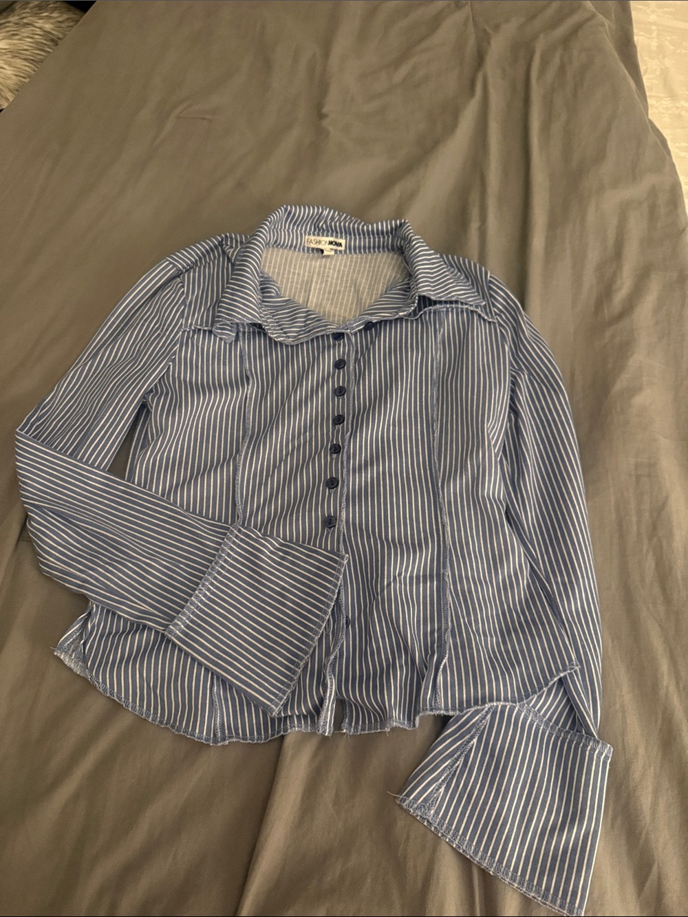 Fashion Nova Blue & White Striped Button-Front Shirt